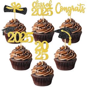 12CT Cupcake Cupcake Toppers Class of 2025 Cake Picks ، Glitter Terve Temper Picks Food Apetizer ، Congrats Cap Topper Stick ، ​​Supplies Decoration Party Supplies ، Gold