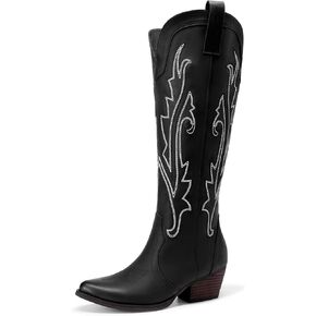 DREAM PAIRS Womens Cowboy Knee High Boots Comfortable Pull On Side Zipper Chunky Heel Embroidered Western Cowgirl Boots Retro Tall Boot