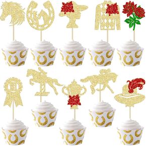 Ephlyn 30pcs Derby Horse Cupcake Topcake Topcake Glitter Horse Racing Cupcake Pick for Kentucky Derby Party Cake Decorations Supplies Gold