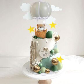 Jevenis Sage Green Bear Cake Decoration بالونات الهواء الساخن كرات كعكة Topper Boho Bears Cake Cake Decoration الطفل دش عيد ميلاد الديكور