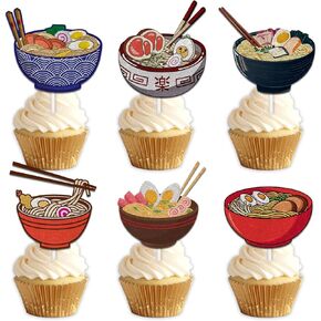 18pcs Glitter Dessert Cupcake Topper Pick for Japanese Food Noodle Theme Decor Supplies Baby Shower Men Woman Happy Birthday Party Decorations