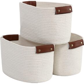 3 Pack Cotton Rope Storage Basket Woven Shelf Storage Bin with Faux Leather Handles, Decorative Closet Shelf Woven Basket for Storage Organizers, 15 x 10 x 9, Multi-Brown in Kuwait