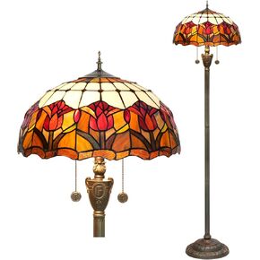 Tiffany Floor Lamp Pink Tulip Style Stained Glass Lamp Bright Lighting Rustic Standing Floor Lamp 16X16X64 Inches Vintage Unique Bronze Reading Corner Lamp for Home Decor Living Room Bedroom