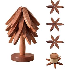 Tree Shape Trivet Set,Wooden Trivets for Hot Dishes Insulation Mat,Collapsible Coasters Trivets, Kitchen & Dining decorations item Like a Christmas Tree - 4 Wooden Trivet + 1 Stand（Beech Wood） (Light)