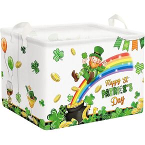 Clastyle Lucky Clovers Saint Patrick's Day Baby Gift Basket Collapsible Rectangle Gold Coin Kid Toy Storage Box Rainbow Plaid Clothes Book Shelf Basket, 36L White