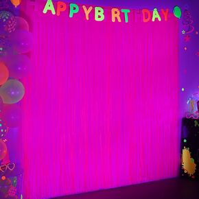 Mega-L Glow in The Dark Party Supplies, 2 Pack Neon Party Decorations 3.3 x 6.6 ft Fluorescent Macaron Fuchsia Tinsel Foil Fringe Curtains, Photo Booth Prop Backdrop Streamer, Birthday Party Decor