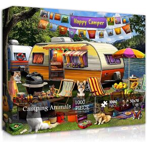 ألغاز التخييم للبالغين 1000 قطعة ، Nature RV Bazzles Lake Scenic ، Puppy Dog Jigsaw Puzzle CAT