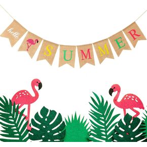 Hello Summer Burlap Banner Rustic Summer Lanner مع Flamingo Pattern Summer Garland Flag Decoration لحفلة البلياردو ، حفلة الشاطئ ، حفلة الشواء (مجموعة الألوان 1)