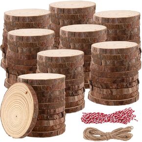 SOUJAP 100pcs 3.5-4 Inch Natural Wood Slices with Hole, 9-10cm Log Circles with Cotton Rope Jute Rope, Round Wooden Log Slice Discs for DIY Arts, Crafts
