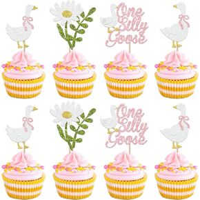RSSTARXI 24 Pack One Silly Goose Cupcake Toppers Goose 1st عيد ميلاد ديكورات كعكة الوردي اللمعان السخيفة أوزة عيد ميلاد كب كيك للاستحمام الطفل بويز فتيات أول عيد ميلاد ديكورات حفلة