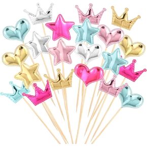 60 PCS Mini Cupcake Toppers: Star, Heart, Crown - Rose Red, Pink, Gold, Silver, Blue - Cake Decoration for Birthday, Baby Shower & More