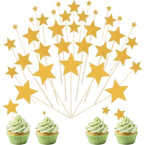 35 PCS Gold Star Cupcake Toppers Glitter Gold Star Toppers Stars Star Toppers Toppers Twinkle Star Decorations for Wedding Mitry Baby Birthday Party Cake Decifices Signed Size
