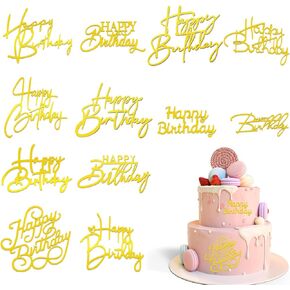12pcs الذهب عيد ميلاد سعيد كعكة أعلى مرآة مرآة الجانب كعكة أعلى الأقطار ديي أكريليك بريق كعكة