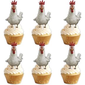 18pcs White Glitter Rooster Dessert Cupcake Topper Cheer to Farm Chicken Theme Decor Supplies Men Women Happy Birthday Party Decorations