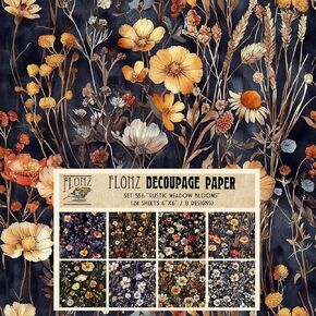 Decoupage Paper Pack (24 Sheets 6"x6") Rustic Meadow Blooms: Vibrant Wildflower Decoupage Papers in Rich Autumn Hues for Nature-Inspired Crafting # Vintage Styled Paper for Craft and Scrapbooking
