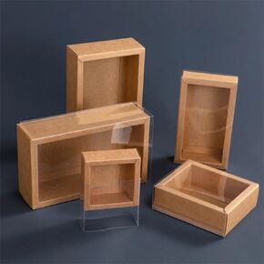 10Packs Rectangle Kraft Paper Box مع نافذة PVC لحفل الزفاف ، حفلة عيد ميلاد ، مجوهرات ، ملفات تعريف الارتباط CANDY صناديق صناديق التغليف الهدايا الزخرفية (مربع ورق Kraft + PVC CLEAR ، الحجم الداخلي: 24.5*14*8.5 سم أوتر