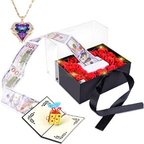 Money Group Out Gift Box - صندوق هدايا الورود مع قلادة ، أموال فاخرة ، قم بسحب صندوق الزهور لصديقته زوجة أمي ، صندوق هدايا نقدي فريدة من نوعها للذكرى ، عيد ميلاد (18 وردة)