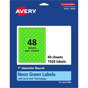 ملصقات مستديرة قابلة للطباعة AVERY مع تقنية الأعلاف المؤكدة ، قطرها 1 بوصة ، ملصقات خضراء نيون ، طباعة إلى الحافة ، ليزر/حبر ، إجمالي 480 ، رائع لملصقات الأسعار والأختام البريدية