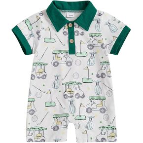 Baby Boy Golf Outfit Short Sleeve Golf Club Embroidery Polo Romper Lapel Button Striped Bodysuit Jumpsuit Clothes