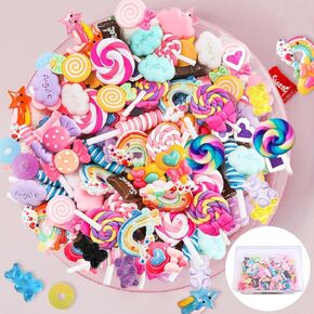 220 Pieces Mixed Slime Charms Resin Fake Candy Charms Kawaii Cute Set Sweet Embellishments Assorted Flatback Resin Lollipops for DIY Crafts and Ornament Scrapbooking, with Storage Box