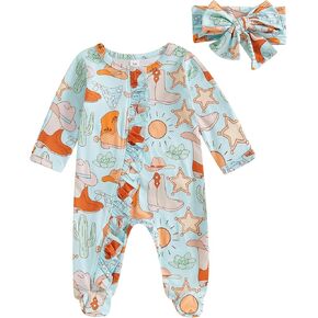 Newborn Baby Girl Western Clothes Cowgirl Boots Footie Romper Ruffle Long Sleeve Zipper Jumpsuit Coming Home Outfit