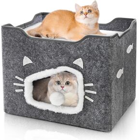 Cat House for Indoor Cats, Large Covered Cat Bed with Cushion Pad Fluffy Ball Hanging, Foldable Cute Cat Cave Bed Cat Condo Hideaway for Pet Cats, Multi Small Pet, Grey