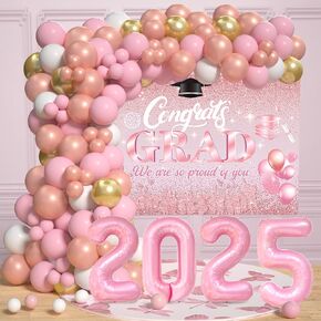 فئة زخارف التخرج الوردي لعام 2025 - طقم قوس بالون بالون مع بالونات ذهبية وردية وردية ، خلفية الدراسات العليا ، 2025 بالونات فوه للفتيات في المدرسة العليا في المدرسة الثانوية
