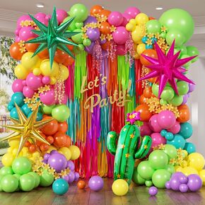 158pcs مكسيكي مهرجان بالون أغطية القوس مع صفراء اللون الوردي الساخن الجير الأخضر البرتقالي الأرجواني البطاريات البالونات لزخارف حفلة عيد ميلاد المكسيكية فييستا