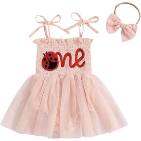 BULINGNA Summer Baby Girl First Birthday Outfit Ladybug Letter One Embroidery Tutu Romper Dress Headband for 1 Year Old Girl