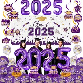 زخارف التخرج 2025 مجموعة - GOLD Blue ذات طابع تهانينا ديكور حفلات GRAD ، بما في ذلك BASTROP BANNER التخرج ، 2025 البالونات و Streamers لفئة 2025 GRART Party Supplies