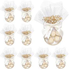 101pcs 25 مجموعة حفل زفاف لحفل اللوز الحلوى لصالح DIY Marzipan التذكاري تشمل Twist Tie Boy Bow Baby Breath Flower Ring Thank You to To to Bridal Dusting Complement First Compleiion Supplies (No Choc)
