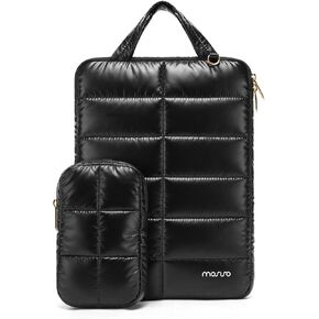 MOSISO Shiny Puffy Laptop Sleeve Compatible with MacBook Air/Pro, 13-13.3 inch Notebook, Compatible with MacBook Pro 14 inch M4 M3 M2 M1, Twelve Rectangle Quilted Bag with Handle&Small Case, Black