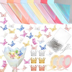 Qilery 243 PCS زهرة باقة التفاف الورق الورق المقاوم للماء الأزهار الزهور لوازم الزهور مع الزخارف الزخارف الأشرطة غراء دبوس الدبوس لـ DIY (لون مشرق ، نمط أنيق)