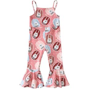 CM C&M WODRO Toddler Baby Girl Easter Bell Bottom Slip Romper Rabbit Print Sleeveless Jumpsuit Kid Cute One Piece Flare Pant in Kuwait