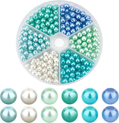 PH PandaHall 300pcs 6 Colors Blue Green Series Glass Beads, 6mm Glass Pearls Bracelet Making Kit Painted Round Spacer Beads for Jewelry Making Necklaces Bracelets DIY Crafts Supplies in Saudi Arabia