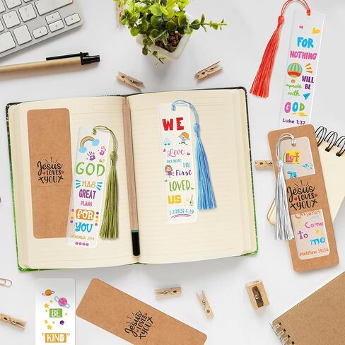 Haooryx Boho Christian Bible Diy Bookmark- 96pcs الكتاب المقدس الآية DIY إشارة مرجعية UV DTF TRANSFICER FARLY ACRYLIC TASSEL RECTRANGER ACRYLAC BOOK علامات للأطفال DIY KITTS TAGS GIFT SATS in Saudi Arabia