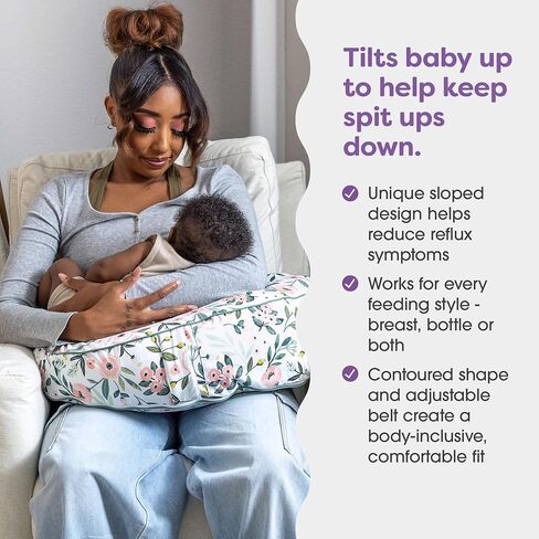 Boppy Uplift Nursing Pillow, Gray Gentle Leaves, Baby Reflux Pillow Designed to Help Reduce Spit-Ups for Breastfeeding, Bottle Feeding or Combo-Feeding, Comfortably Contoured for Feeding in Saudi Arabia