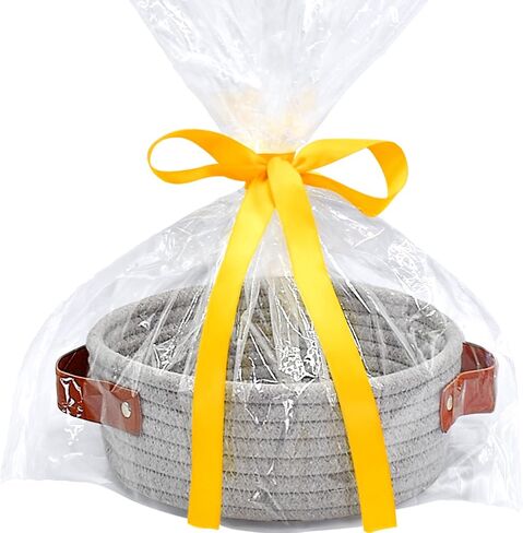ABenkle Small Storage Basket, Mini Round White Basket, Cute Tiny Cotton Rope Woven Basket, Shelf Basket, Boho Decorative Basket for Nursery, Spa, Empty Gift Basket with Gift Bags and Ribbon in Kuwait