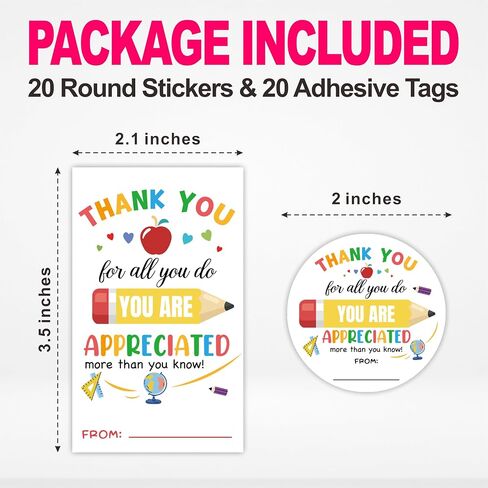 Thank You Teacher Gifts Stickers, 20 Round 20 Rectangular Pencil Thank You Labels, Teacher's Day Back to School Season Favor Name Tags for Snacks, Gift Bags and Gift Wrapping - A05 in Saudi Arabia