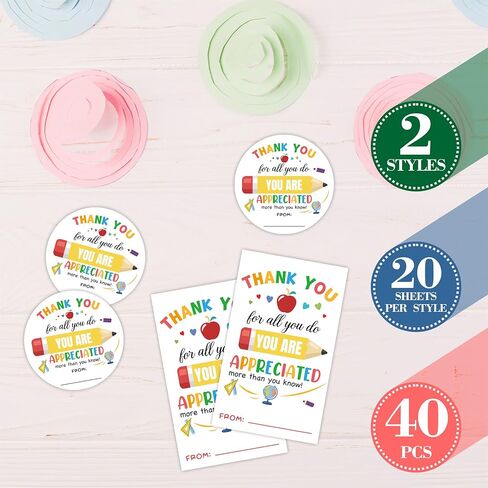 Thank You Teacher Gifts Stickers, 20 Round 20 Rectangular Pencil Thank You Labels, Teacher's Day Back to School Season Favor Name Tags for Snacks, Gift Bags and Gift Wrapping - A05 in Saudi Arabia