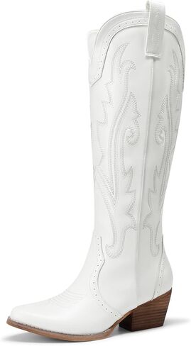 DREAM PAIRS Women's Embroidered Western Pull-On Knee-High Cowboy Boots | Embroidered Pointed Toe Block Chunky Heel Pull-On Cowboy Boots Cowgirl Tall Boots for Women in Kuwait