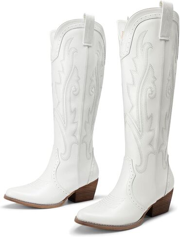 DREAM PAIRS Women's Embroidered Western Pull-On Knee-High Cowboy Boots | Embroidered Pointed Toe Block Chunky Heel Pull-On Cowboy Boots Cowgirl Tall Boots for Women in Kuwait