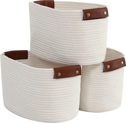 3 Pack Cotton Rope Storage Basket Woven Shelf Storage Bin with Faux Leather Handles, Decorative Closet Shelf Woven Basket for Storage Organizers, 15 x 10 x 9, Multi-Brown in Kuwait