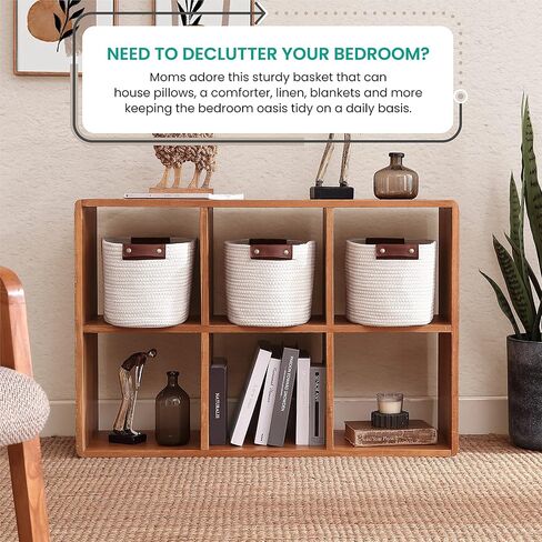 3 Pack Cotton Rope Storage Basket Woven Shelf Storage Bin with Faux Leather Handles, Decorative Closet Shelf Woven Basket for Storage Organizers, 15 x 10 x 9, Multi-Brown in Kuwait