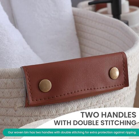 3 Pack Cotton Rope Storage Basket Woven Shelf Storage Bin with Faux Leather Handles, Decorative Closet Shelf Woven Basket for Storage Organizers, 15 x 10 x 9, Multi-Brown in Kuwait