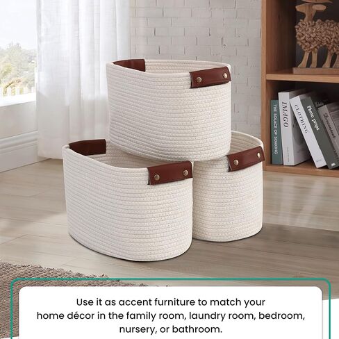 3 Pack Cotton Rope Storage Basket Woven Shelf Storage Bin with Faux Leather Handles, Decorative Closet Shelf Woven Basket for Storage Organizers, 15 x 10 x 9, Multi-Brown in Kuwait