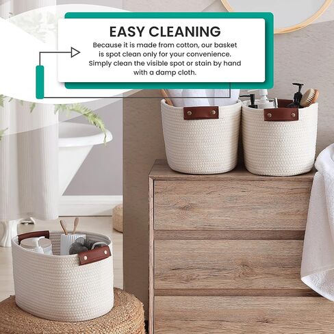 3 Pack Cotton Rope Storage Basket Woven Shelf Storage Bin with Faux Leather Handles, Decorative Closet Shelf Woven Basket for Storage Organizers, 15 x 10 x 9, Multi-Brown in Kuwait