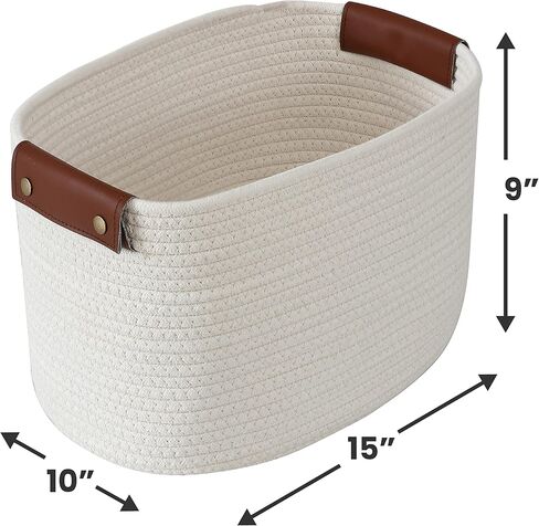 3 Pack Cotton Rope Storage Basket Woven Shelf Storage Bin with Faux Leather Handles, Decorative Closet Shelf Woven Basket for Storage Organizers, 15 x 10 x 9, Multi-Brown in Kuwait