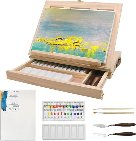 LUCYCAZ Art Easel for Painting, Tabletop Painting Easel for Kids, Beechwood Portable Easel Stand for Artists, Adjustable Angle Drawing and Sketching Board in Kuwait