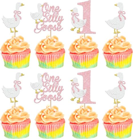 RSSTARXI 24 Pack One Silly Goose Cupcake Toppers Goose 1st عيد ميلاد ديكورات كعكة الوردي اللمعان السخيفة أوزة عيد ميلاد كب كيك للاستحمام الطفل بويز فتيات أول عيد ميلاد ديكورات حفلة in Kuwait